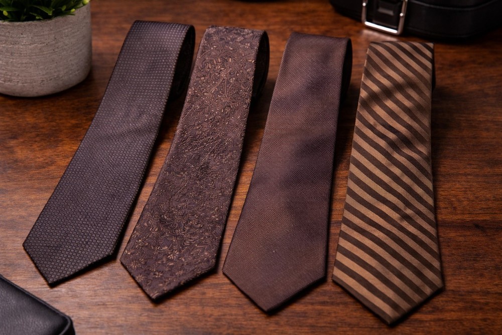Mens Tie Lot 4 Brown Textured Paisley Striped Classic Neckties #19
