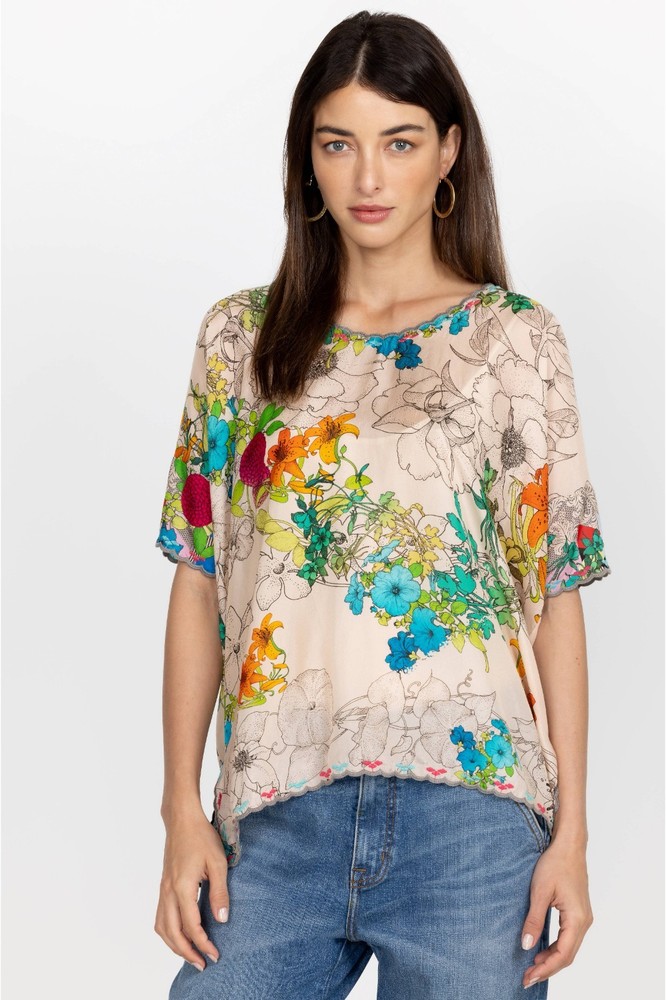 Johnny Was Sequence Halsey Silk Blouse Top Floral Tunic Boho M Embroider Scallop
