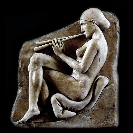 Ancient Greek Nude Girl with Flutes Wall Relief Sculpture Plaque