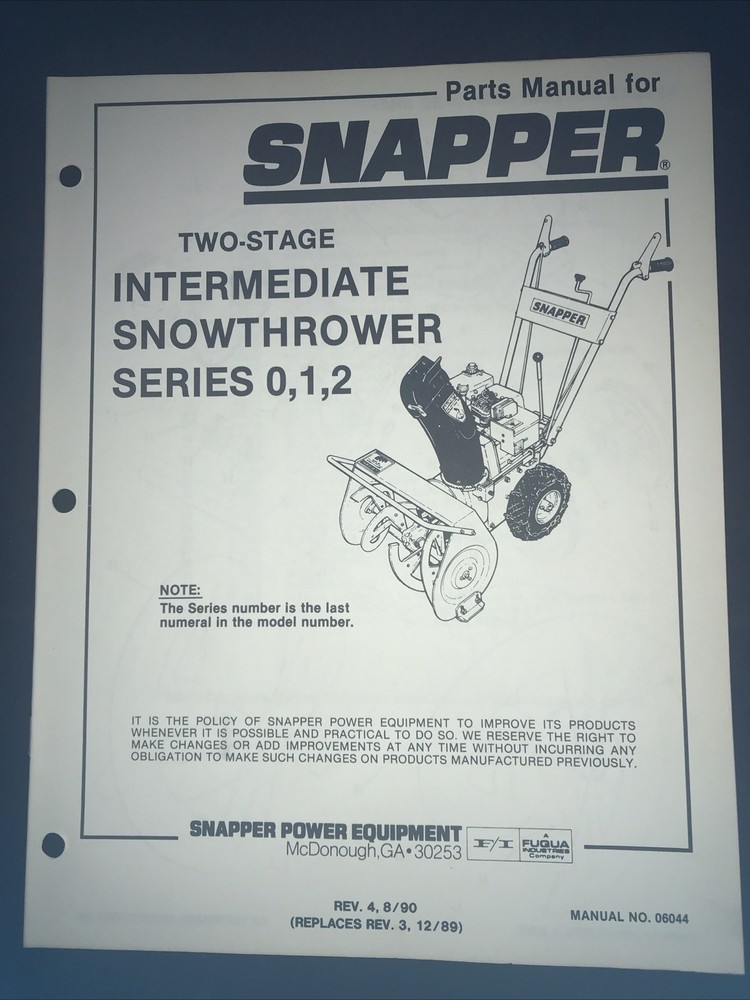 Snapper Intermediate Snow Thrower Series 0, 1, &2 Parts Manual