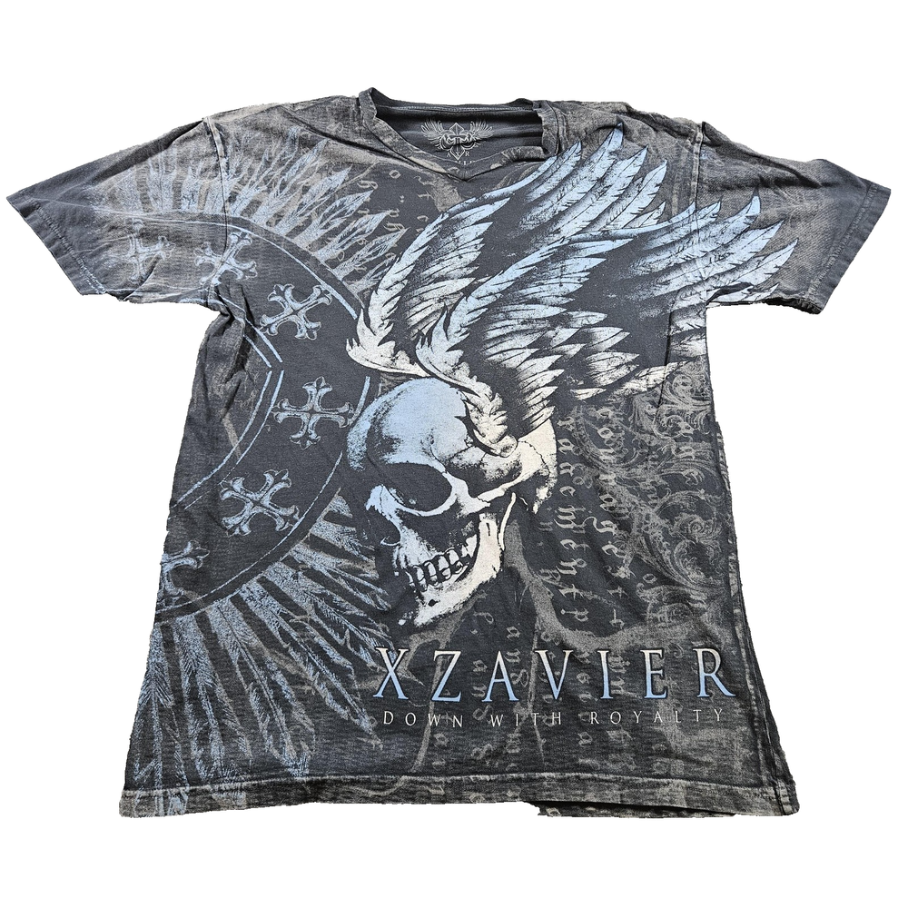 Xzavier Shirt Mens Large Black All Over Graphic Skull Wings Cross Y2K AOP