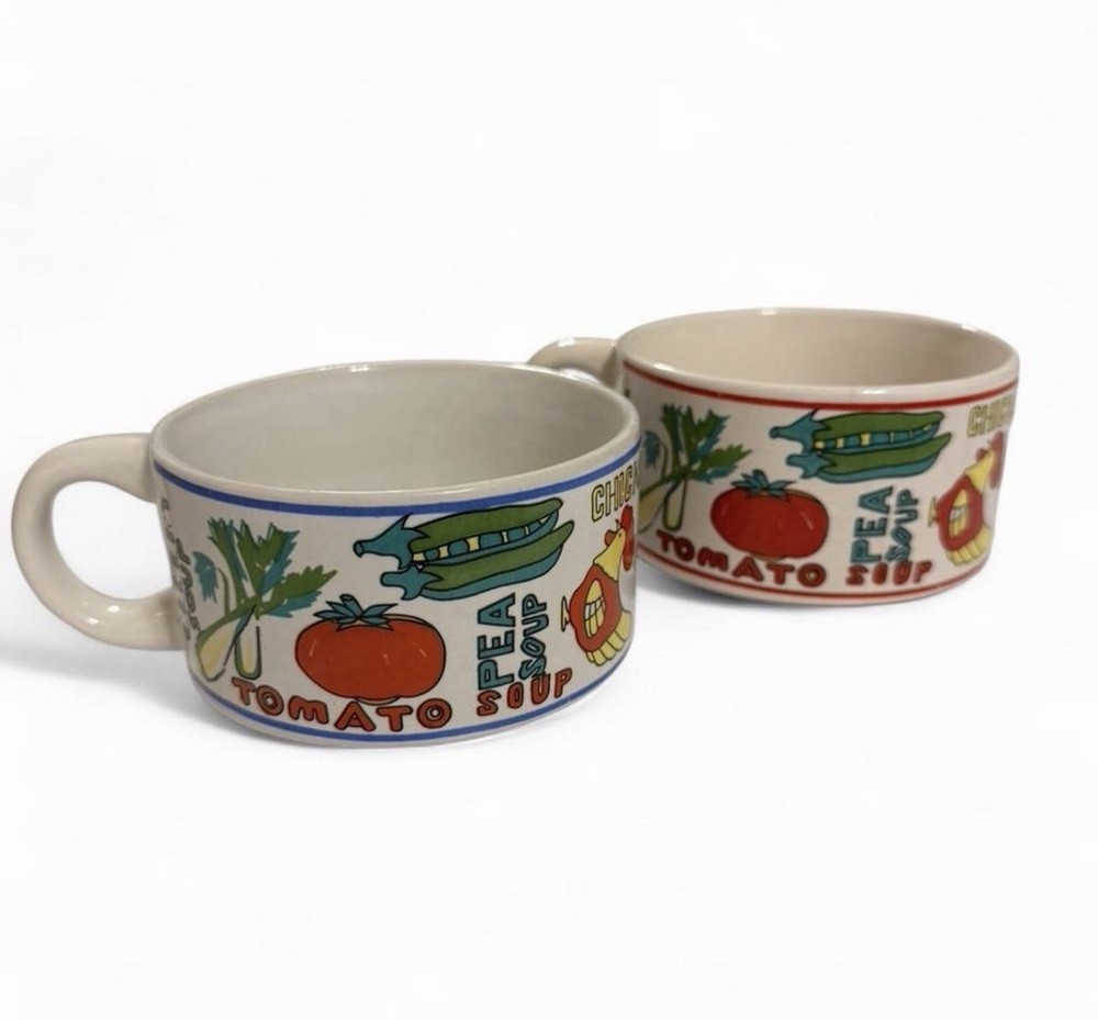 Vintage 70s Ceramic Soup Mug Bowls Set of 2 Stackable Retro Kitchen Decor