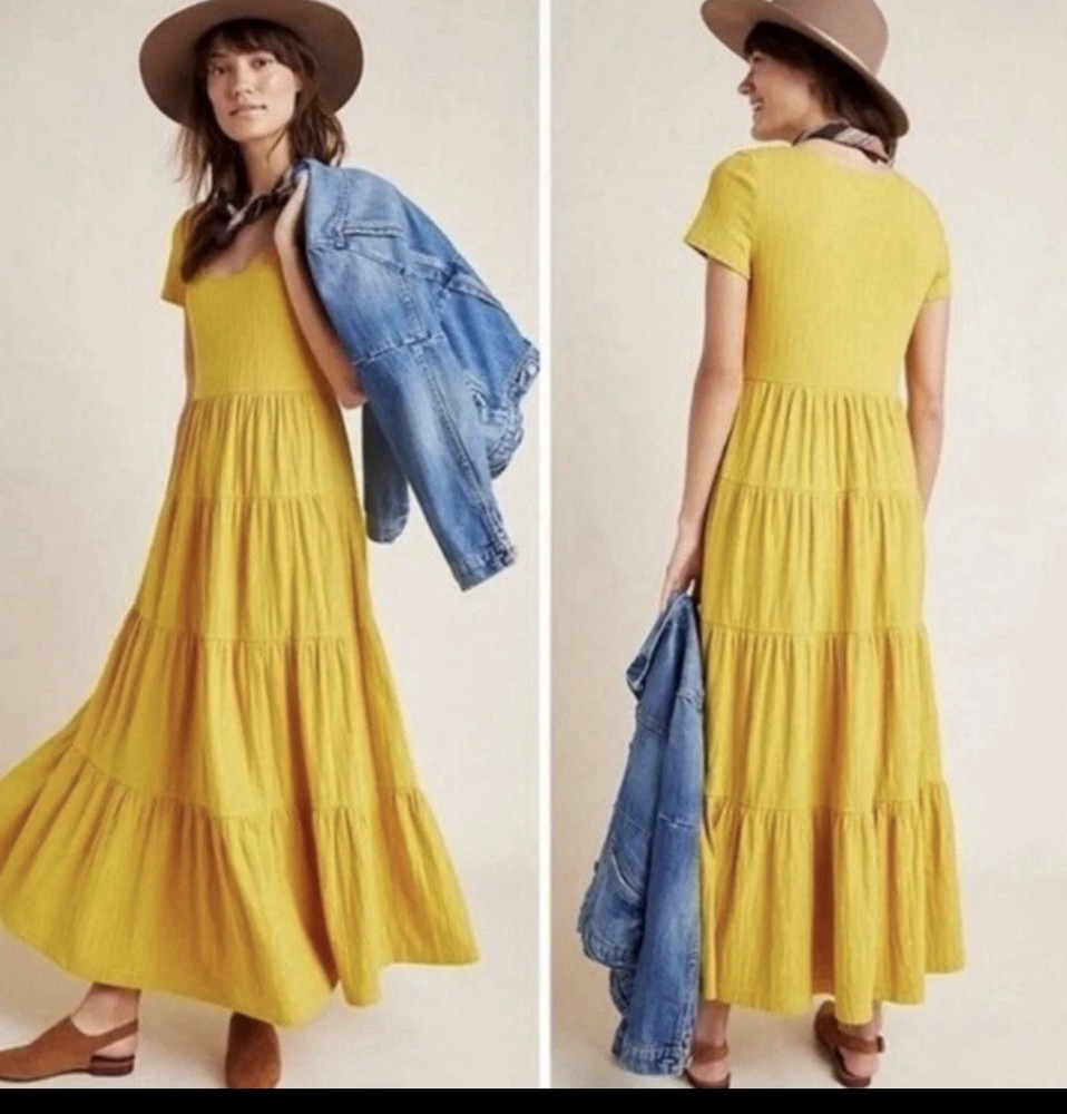 Maeve by Anthropologie Maxi Dress Gillian Knit Tiered Mustard Yellow Size Small