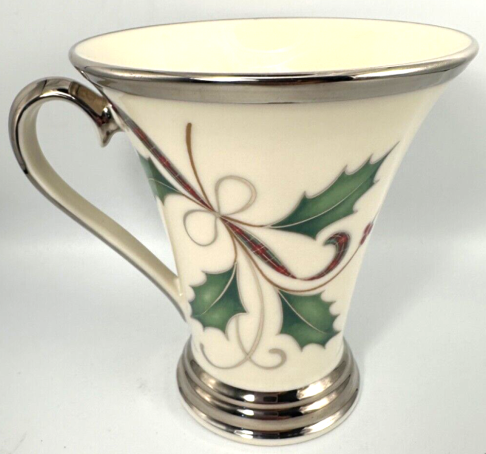 LENOX Holiday Nouveau Platinum Christmas Accent Mug HOLLY Berry Ribbon-image