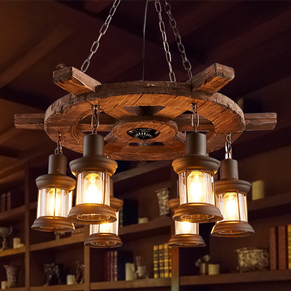 6 Lights Industrial Wooden Pendant Light Rudder Antique Hanging Lamp Chandelier