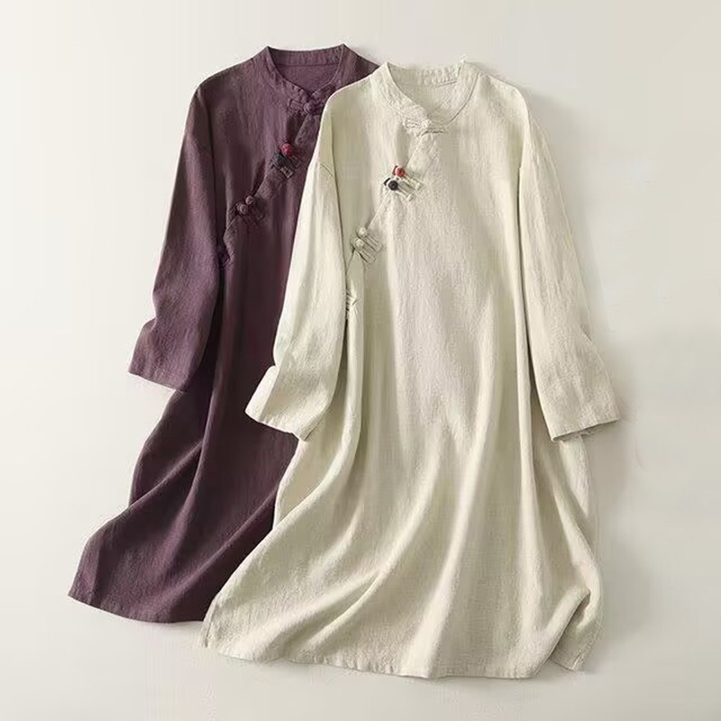 Womens Elegant Cotton Linen Loose Dress Robe Retro Qipao Cheongsam Casual Dress