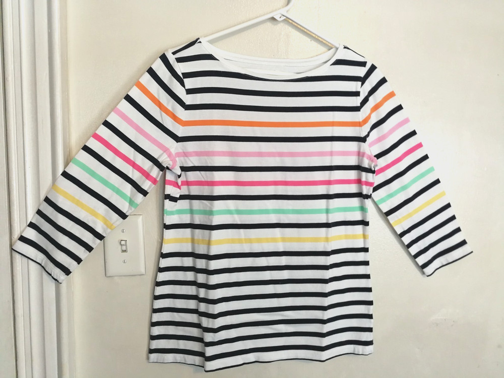 Talbots Womens Blouse PL Petite White Blue Striped Shirt Top 3/4 Sleeve 