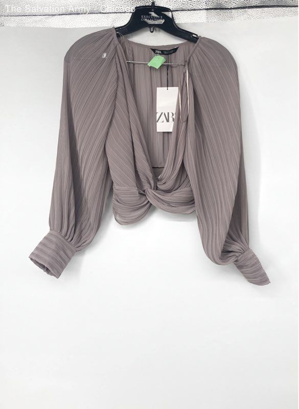 Zara Womens Taupe Twist Front Pleated Long Sleeve Cropped Blouse Top Size M