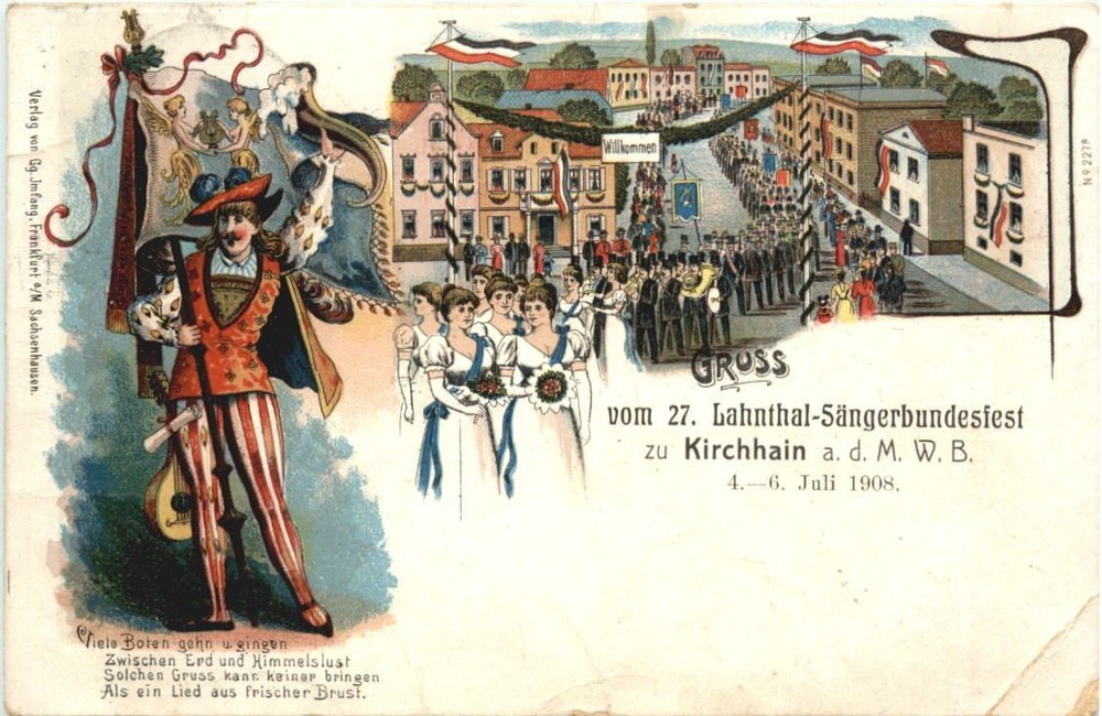 Church grove - greetings from 27. Lahntal Singers' Federation Festival 1908-litho -729558