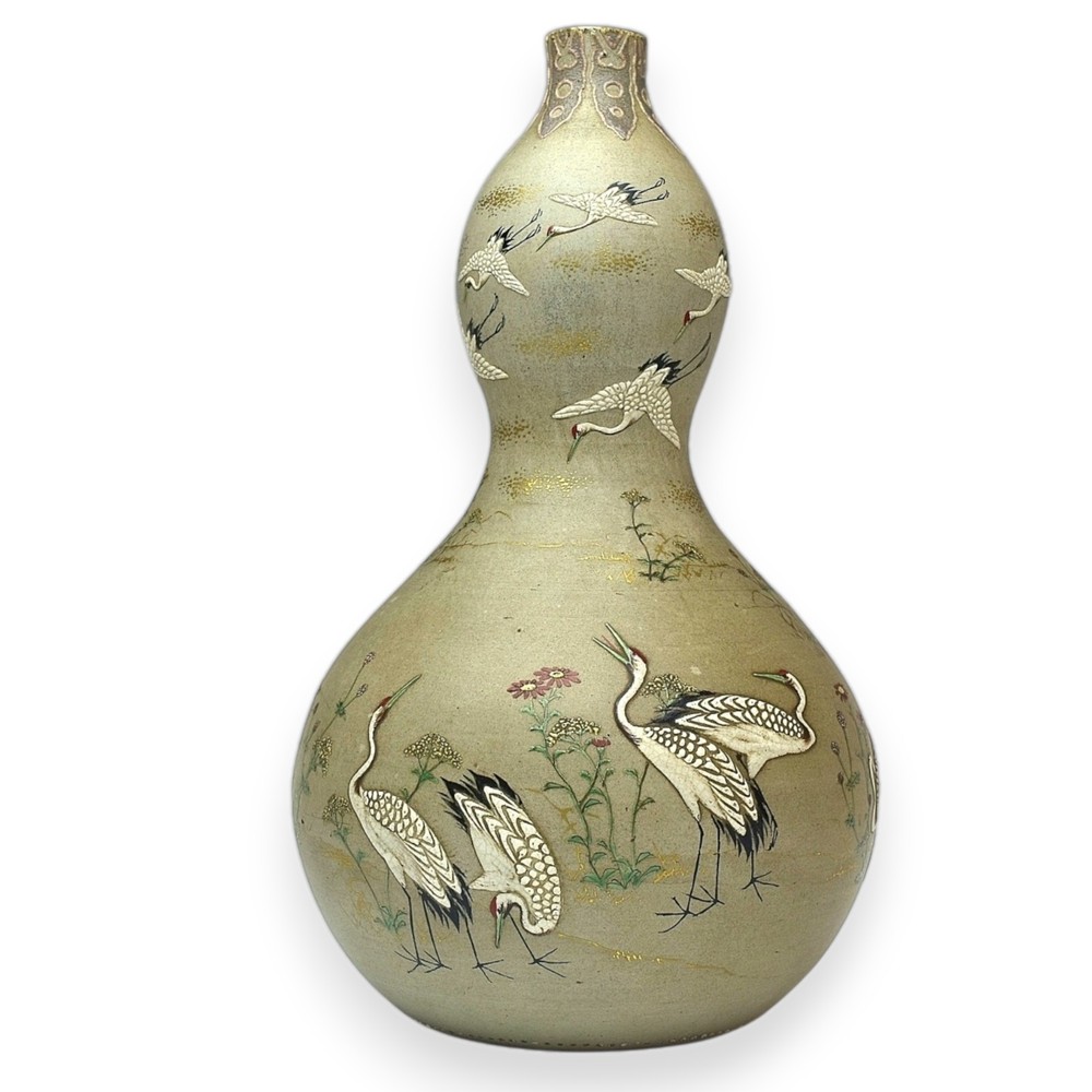 Japanese Banko Vase Meiji Period Antique Pottery Vessel Ceramic Crane Bird 8.2in