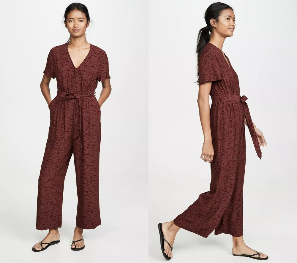 Rails Women's Small Jumpsuit V-Neck Short Sleeve Jet Rust Spotted Wide Leg Belte