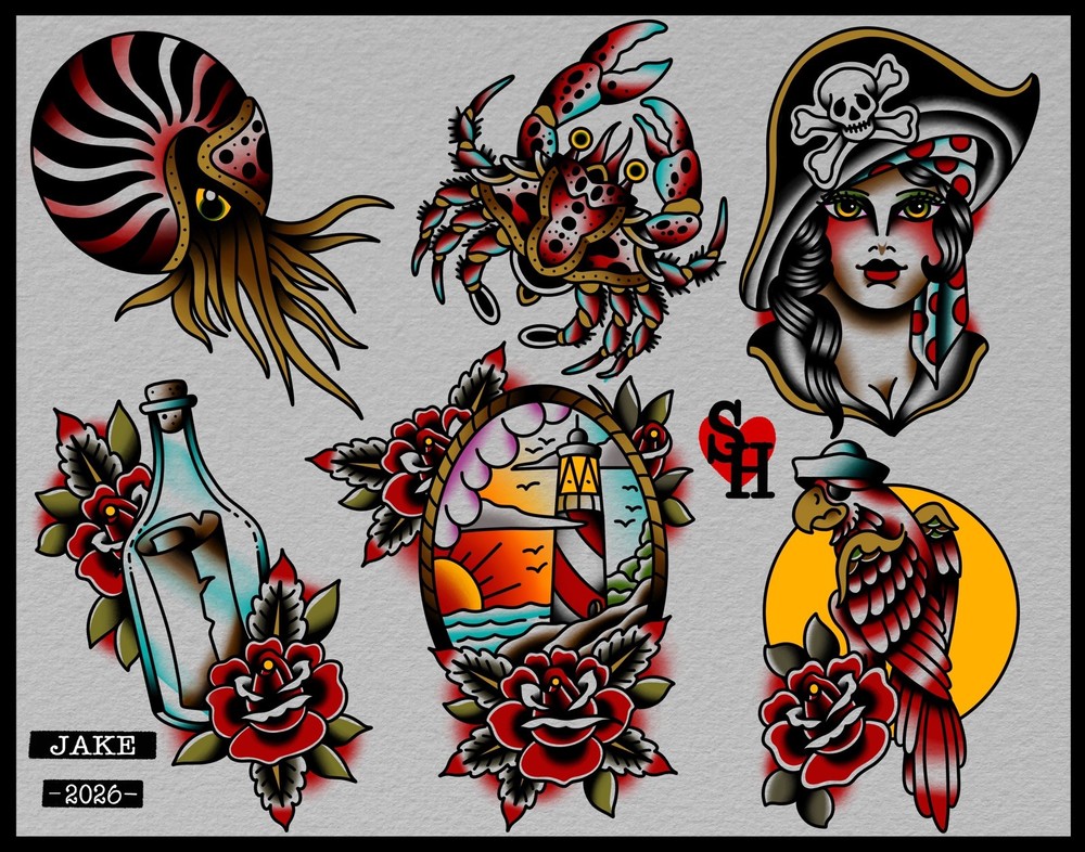 American Traditional Pirates Life Tattoo Flash Print 11x14
