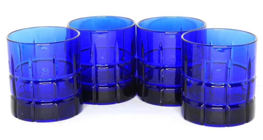 Anchor Hocking Cobalt Blue Tartan Old Fashioned Whiskey Rocks Glasses Set of 4