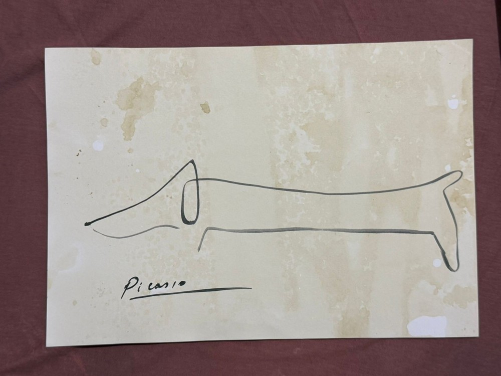 PICASSO drawing and painting on old paper signed stamped vintage