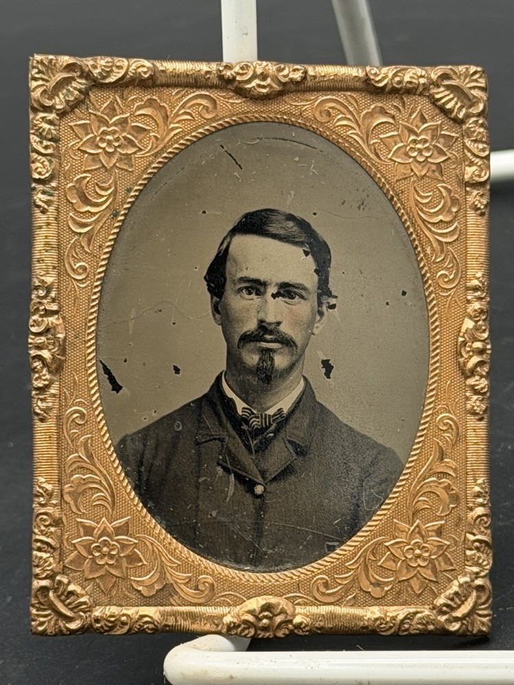 Antique Civil War Era Tintype Photo Dapper Man Goatee Ninth Plate Brass Mat Art