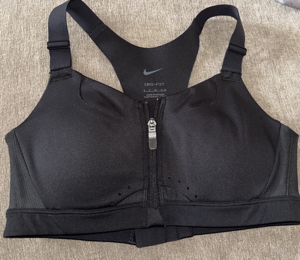 Nike Zip Front Racerback Wireless Sports Bra Size Small Black