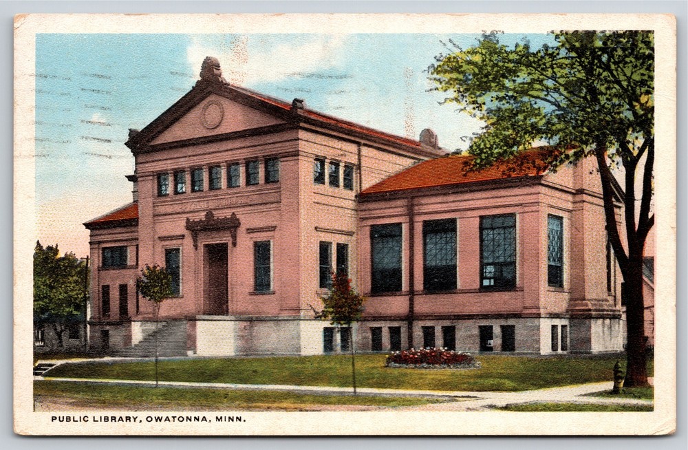 Owatonna Minnesota~Front of Public Library & Flowers~Vintage Linen Postcard