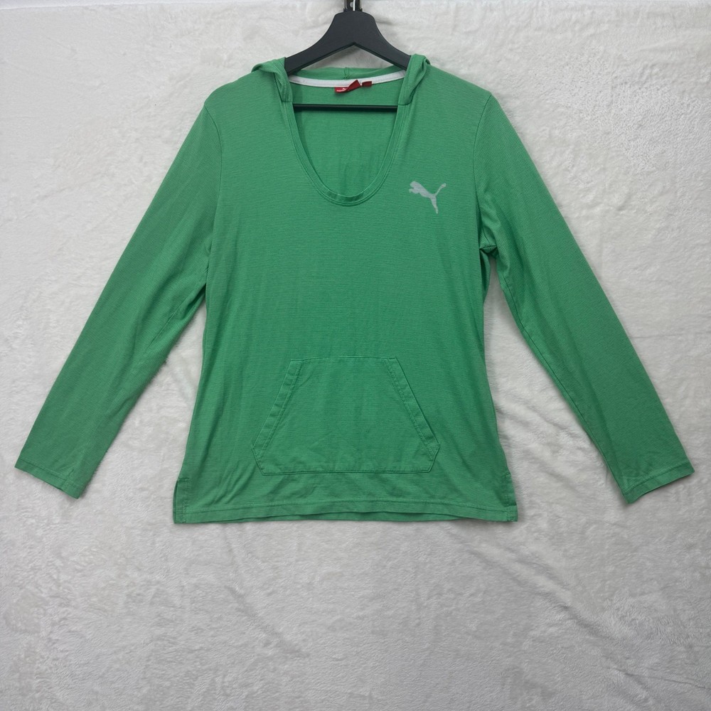 Puma Hoodie Womens XL Green Striped Scoop Neck Long Sleeve Kangaroo Pocket Logo