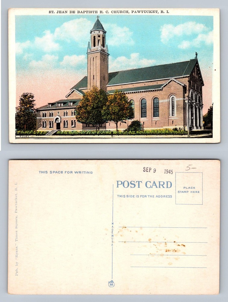 Pawtucket, RI-Rhode Island, St Jean Baptiste R.C. Church c1945 Vintage Postcard