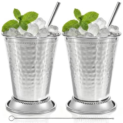 Set of 2 Mint Julep Cups, 12 Oz Hammered Stainless Steel Drinking Glasses