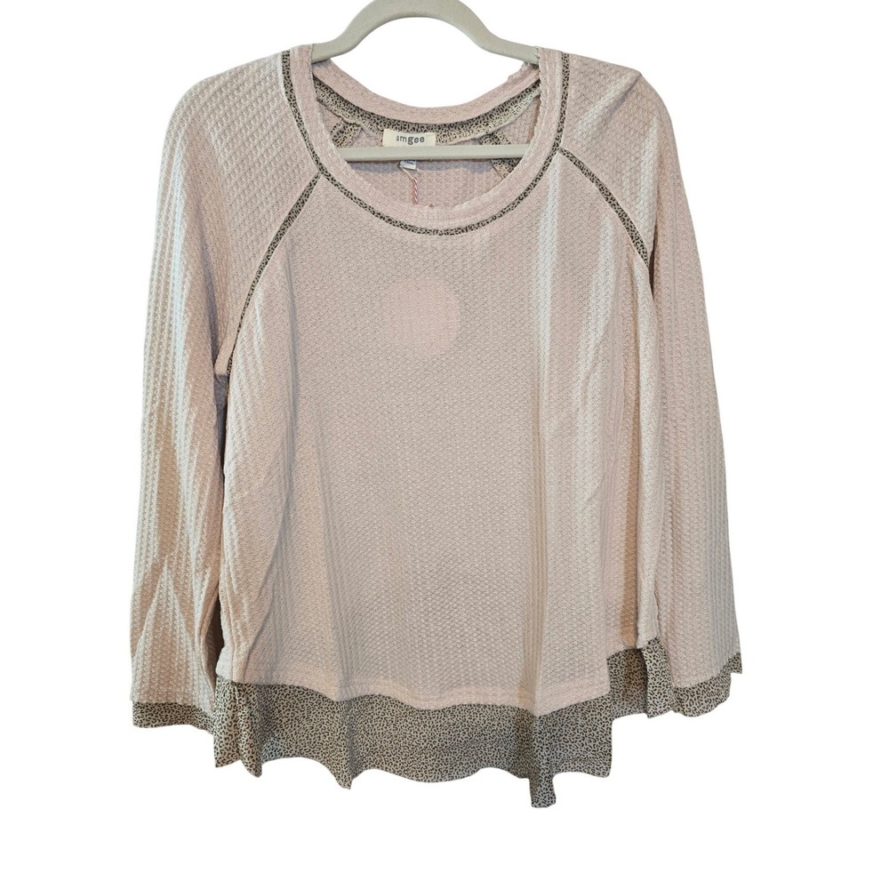 Umgee Waffle Knit Leopard Trim Long Sleeve Top Women Size S New