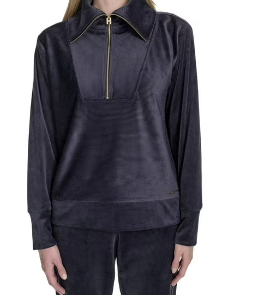 SweatShirt Black 1/4 Zip Velour Super Soft Women's L By Halston MSRP $89