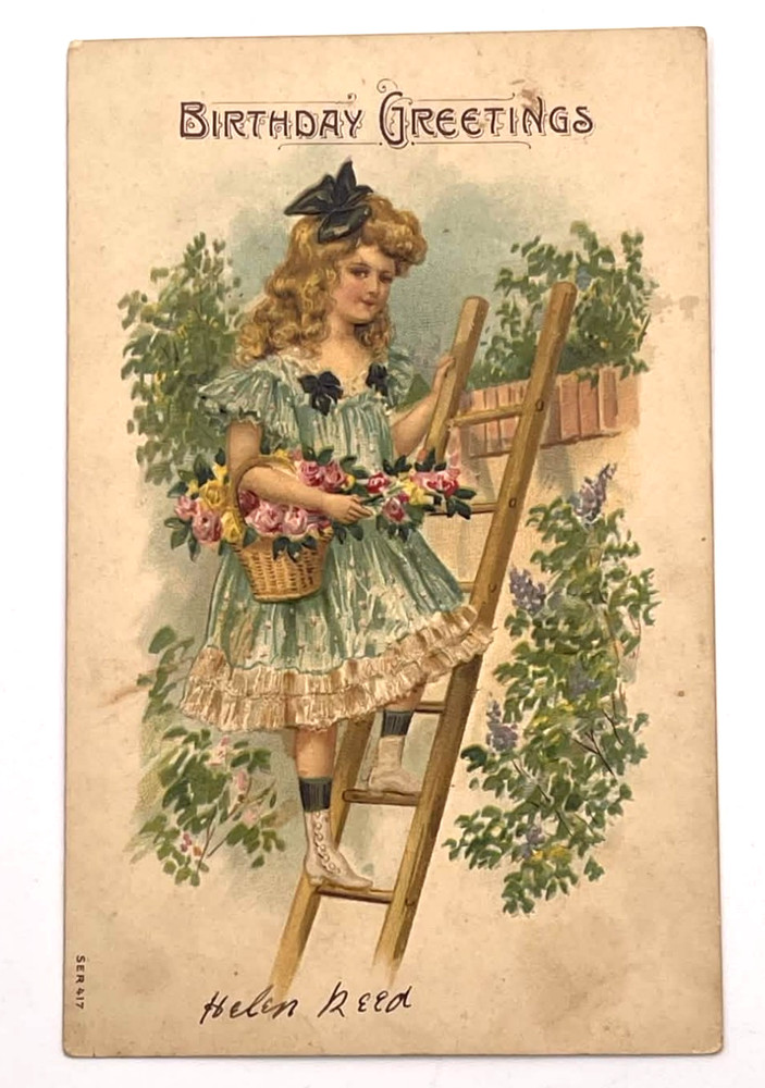 Antique Birthday Greetings Girl Ladder Flowers Basket Garden Postcard Embossed