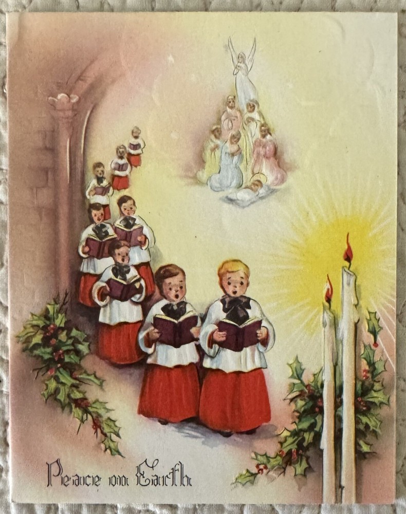 Vintage Christmas Boy Choir Line Manger Sky Angel Greeting Card 1940s 1950s B