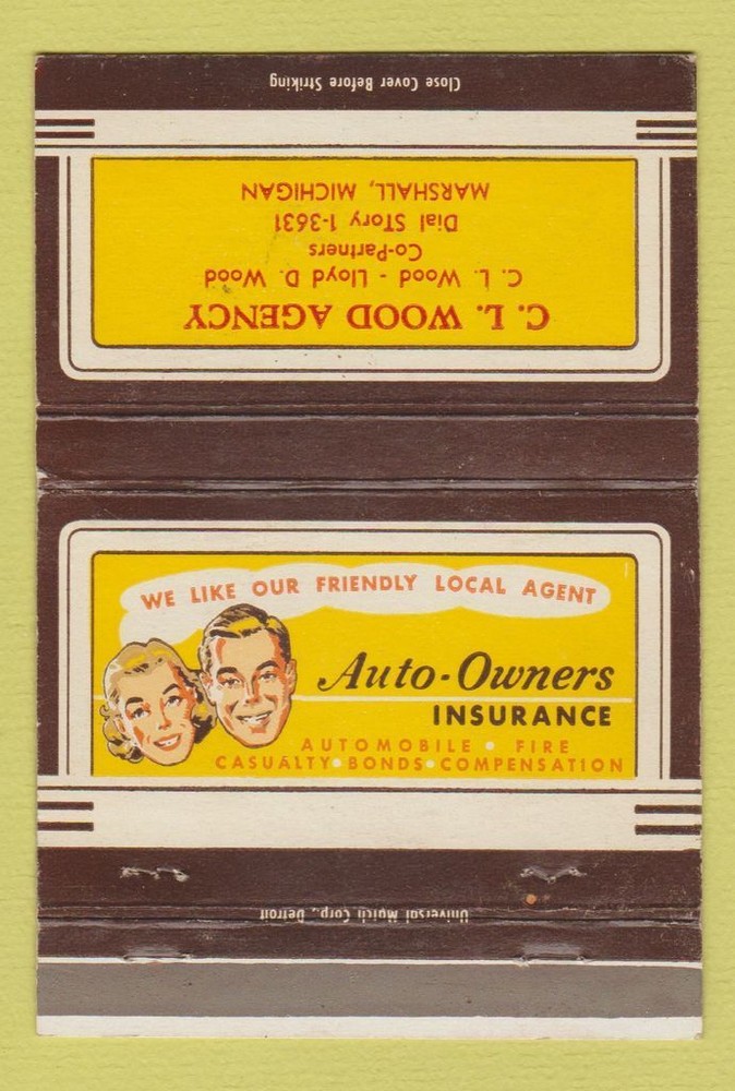 Matchbook Cover - CL Wood Insurance Marshall MI 40 Strike