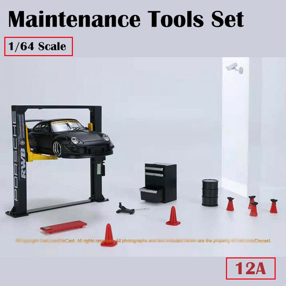 Diorama 1/64 Garage Maintenance Tools Set Alloy Die-Cast Model Car Display 12pcs