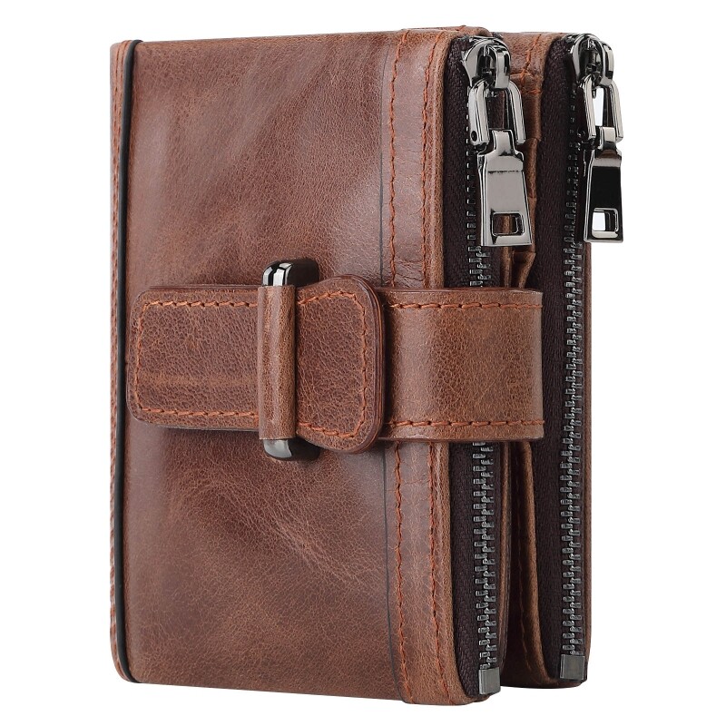 Slim RFID Blocking Leather Bifold Wallet with Zipper Coin Pocket