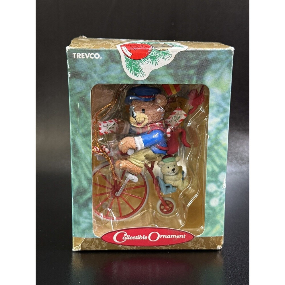 Trevco Collectible Ornaments Teddy Bear Riding High Wheeler Bicycle With Gifts