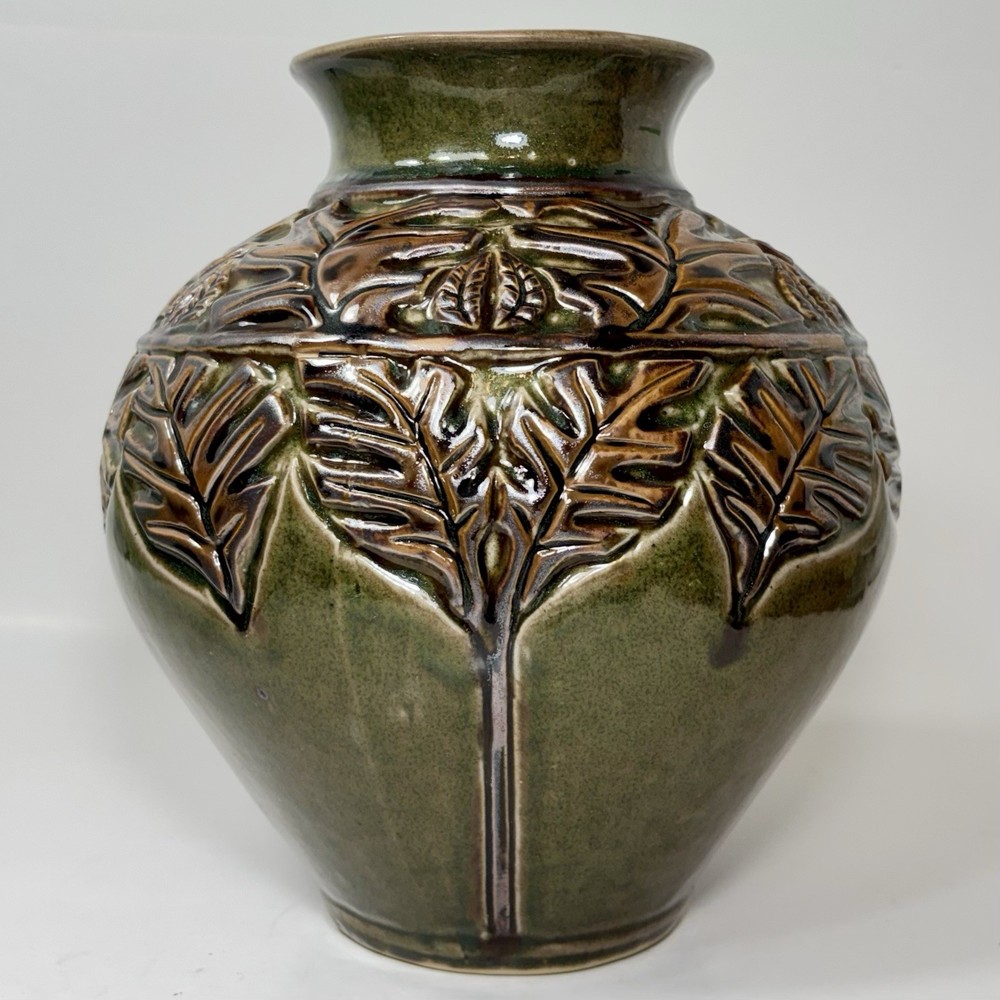 Vintage Arts & Crafts Pottery Vase Green Brown Leaf Motif Art Nouveau Style