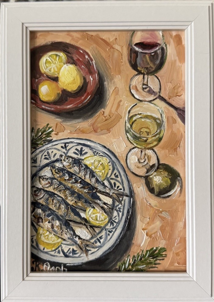 ORIGINAL OIL PAINTING STILL LIFE SARDINES FISH DINING TABLE SIGNED FRAMED 4x6