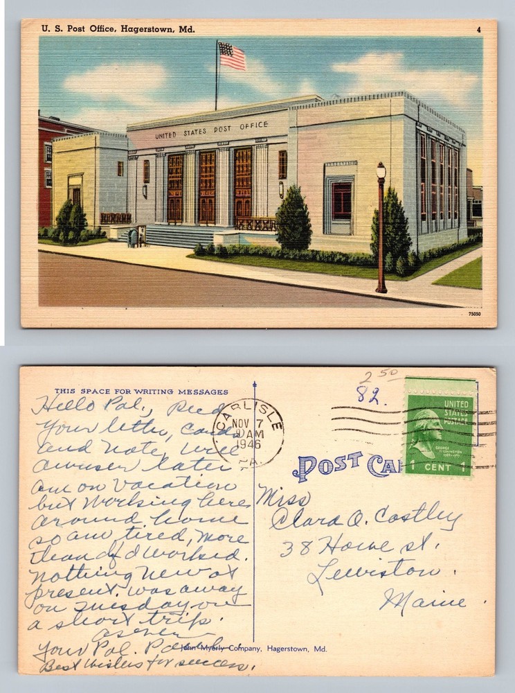 Hagerstown, Maryland, U.S. Post Office Building View Old c1946 Vintage Postcard