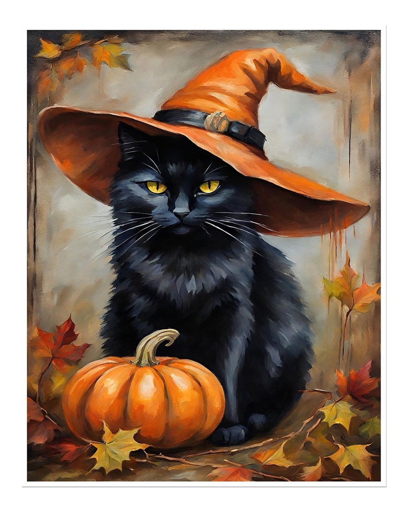 Enchanting Black Cat & Pumpkin Wall Art Poster for Cozy Decor