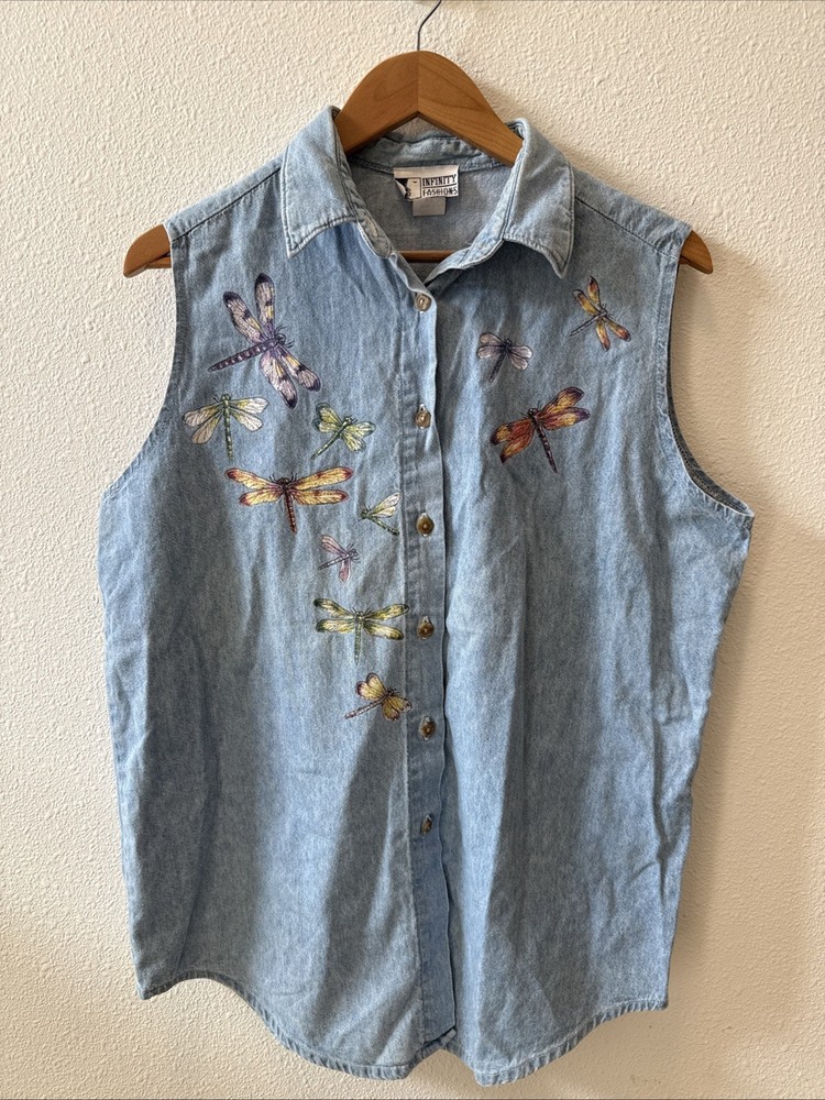 Vintage X Large Womens Denim Dragonfly Shirt Tank Cottage Floral Grandma 90s USA