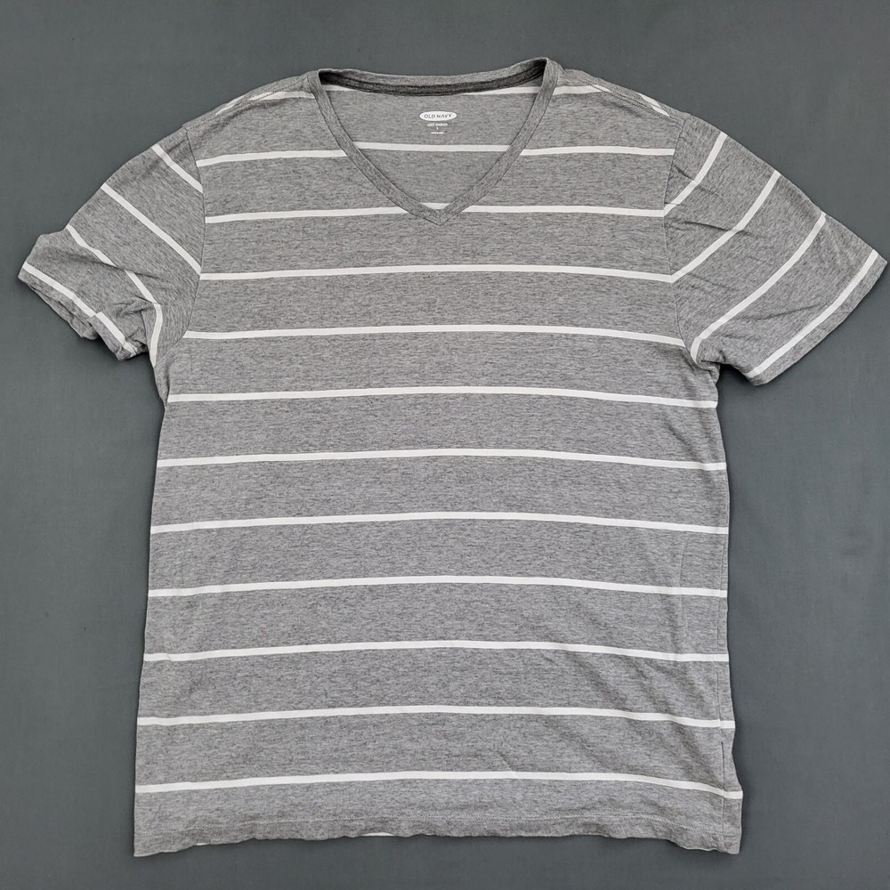 Old Navy Shirt Mens Large L Short Sleeve Crew Neck Soft Washed Striped Knit Gray