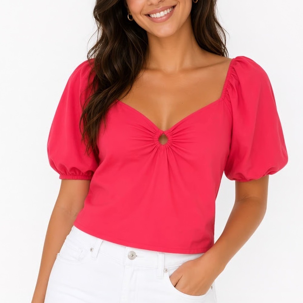 Sim & Sam Crop Top Womens XL Red Cotton Square Neck Smocked Back Balloon Sleeve
