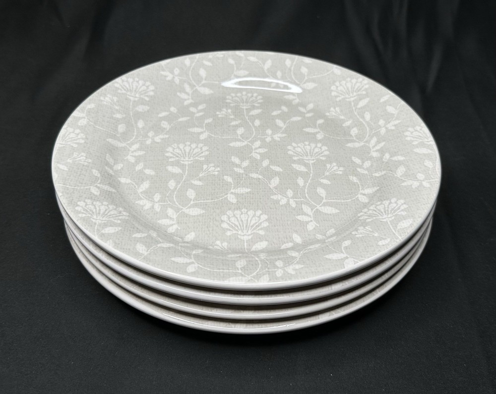 Pier 1 Off White Taupe Floral 4-Piece Ironstone Salad Plates 8 7/8”
