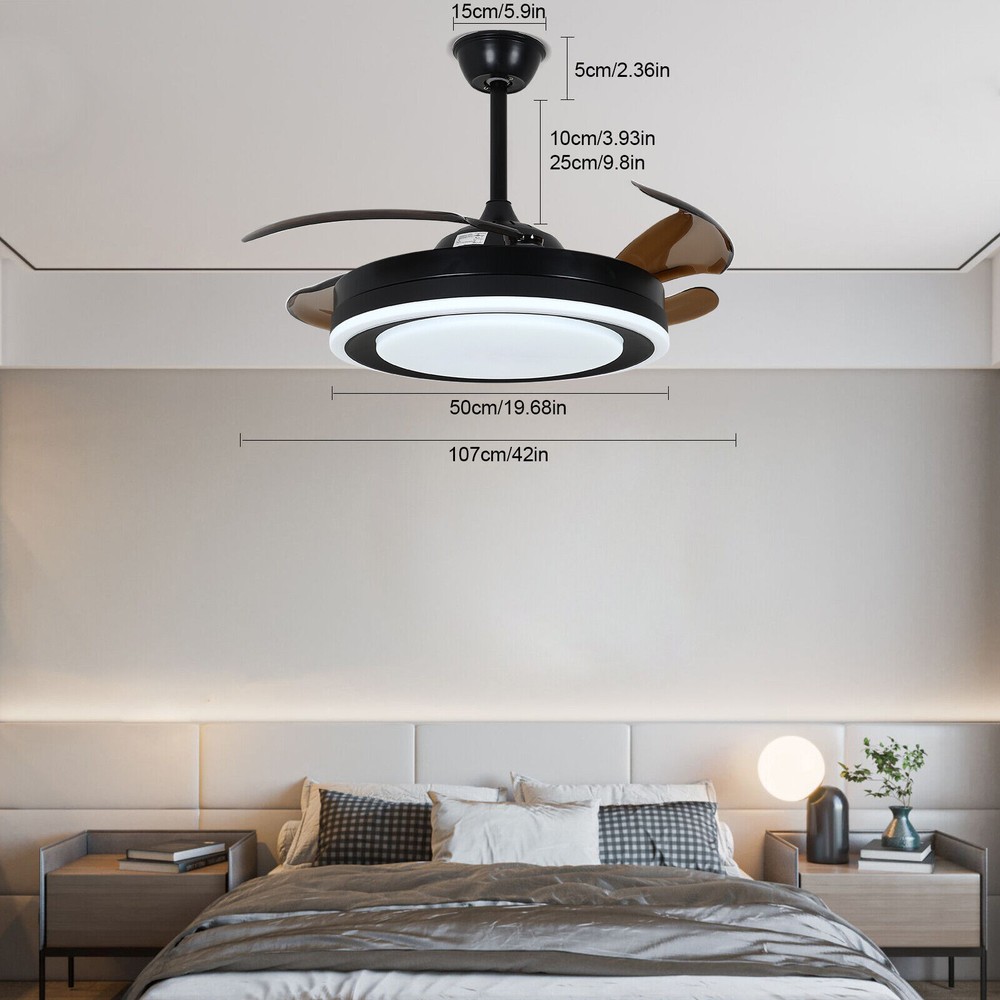 42-Inch Modern Retractable LED Ceiling Fan with Remote Control and Chandelier Lighting