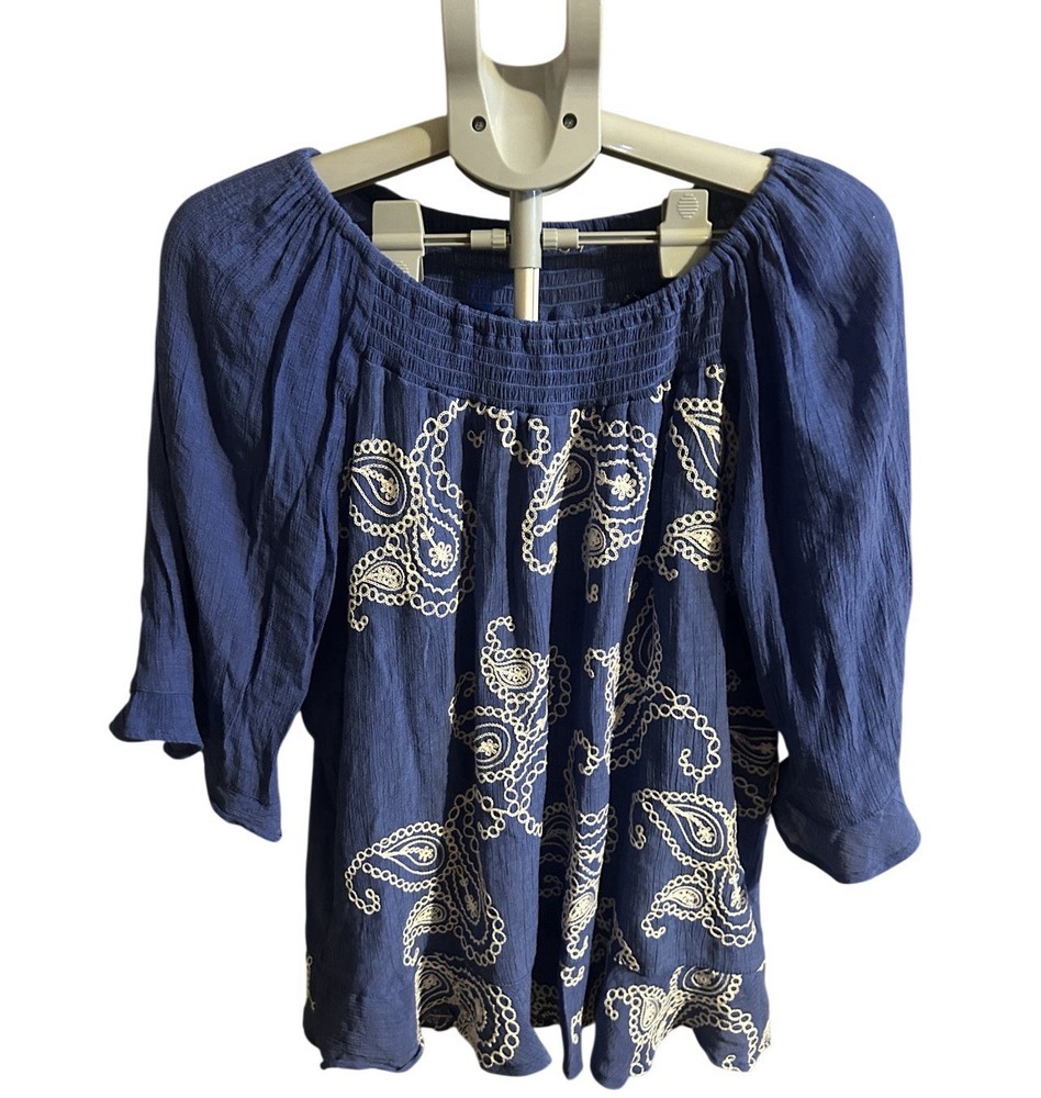 Women's Blue Paisley Embroidered Off-Shoulder 3/4 Sleeve Tunic Blouse