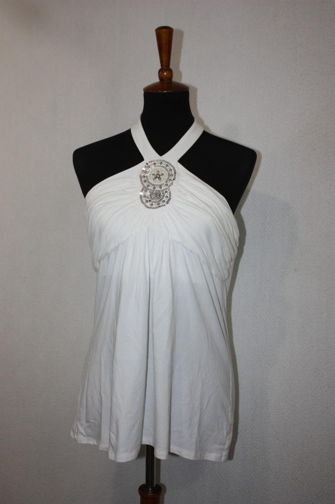 White House Black Market Sz L White Beaded Halter Strap Backless Sleeveless Top
