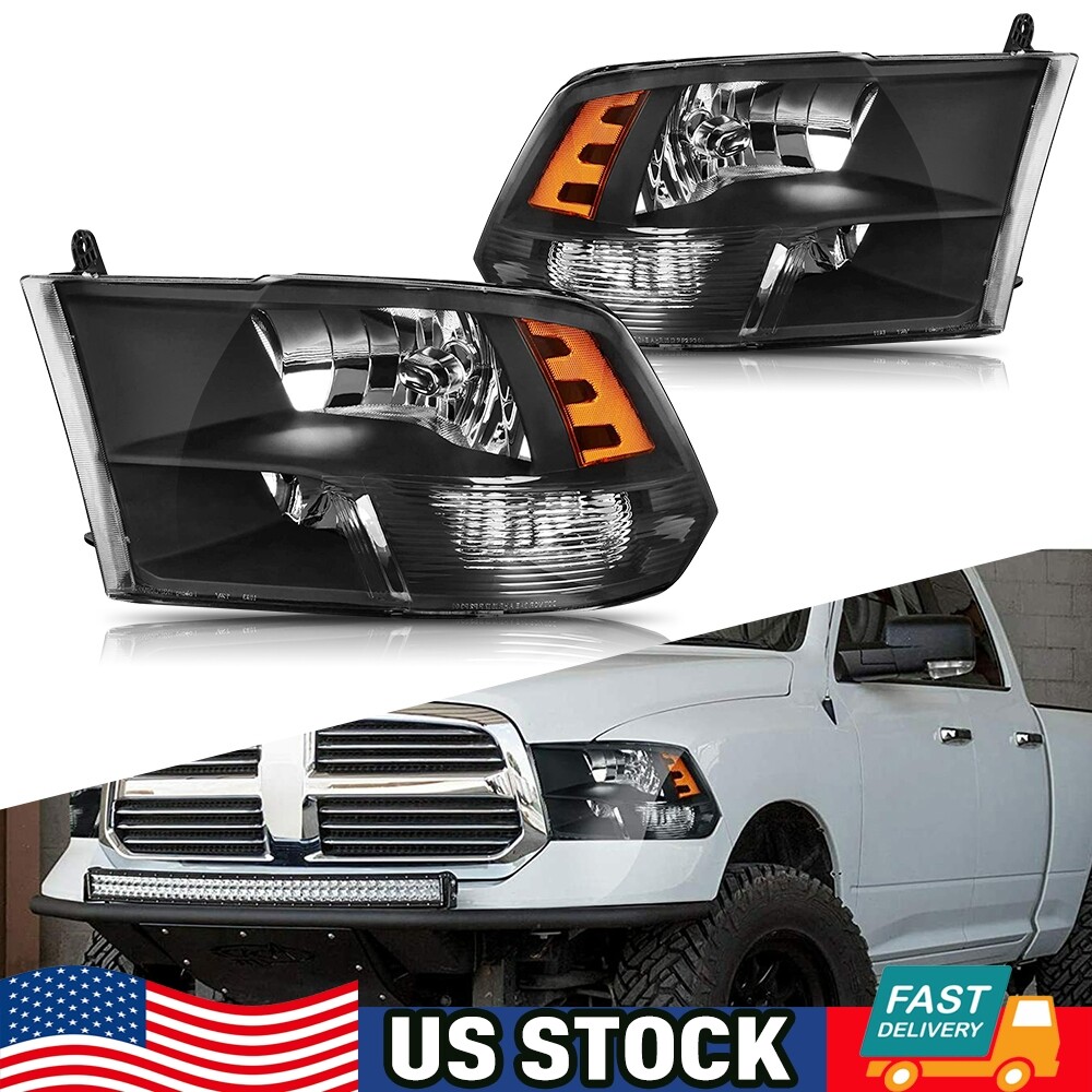 For 2009-2018 Dodge Ram 1500 2500 3500 Headlights Lights Lamps Left+Right Black