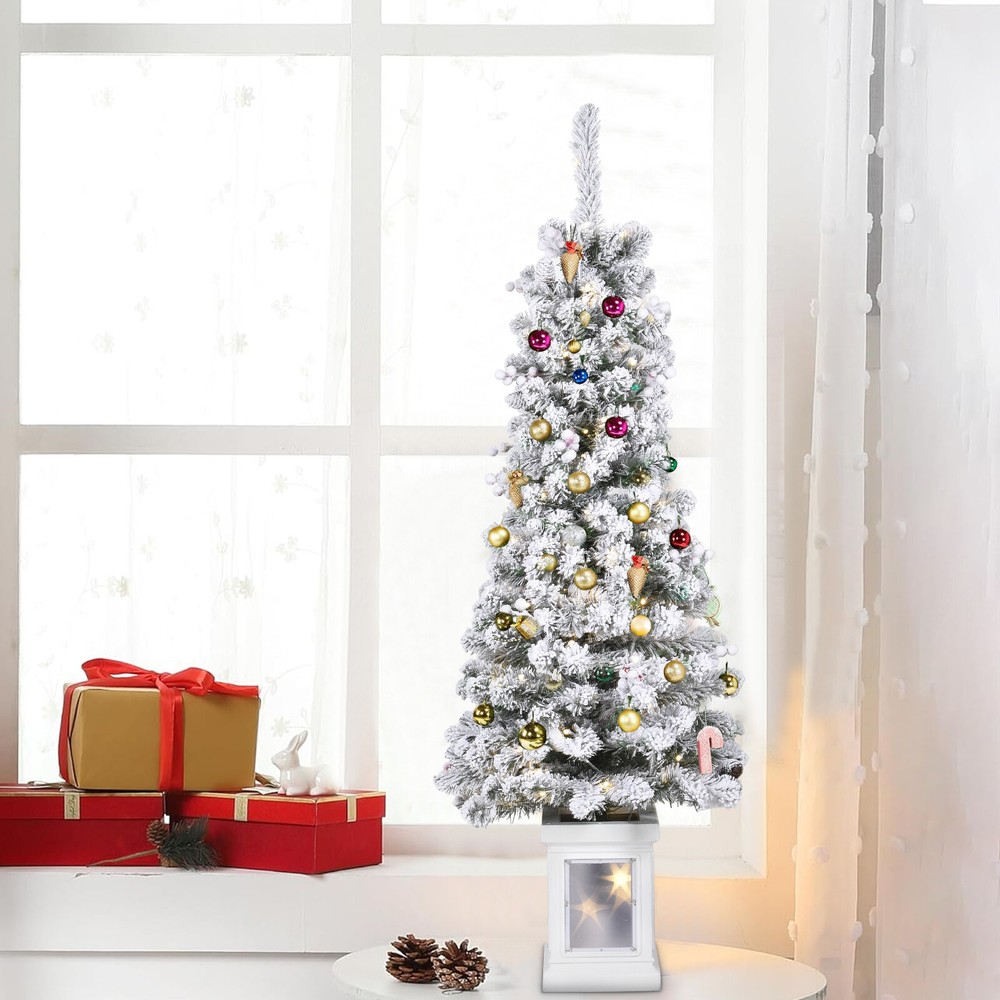 4.5ft Pre-Lit Artificial Christmas Tree with Base for Home Office Party Decor