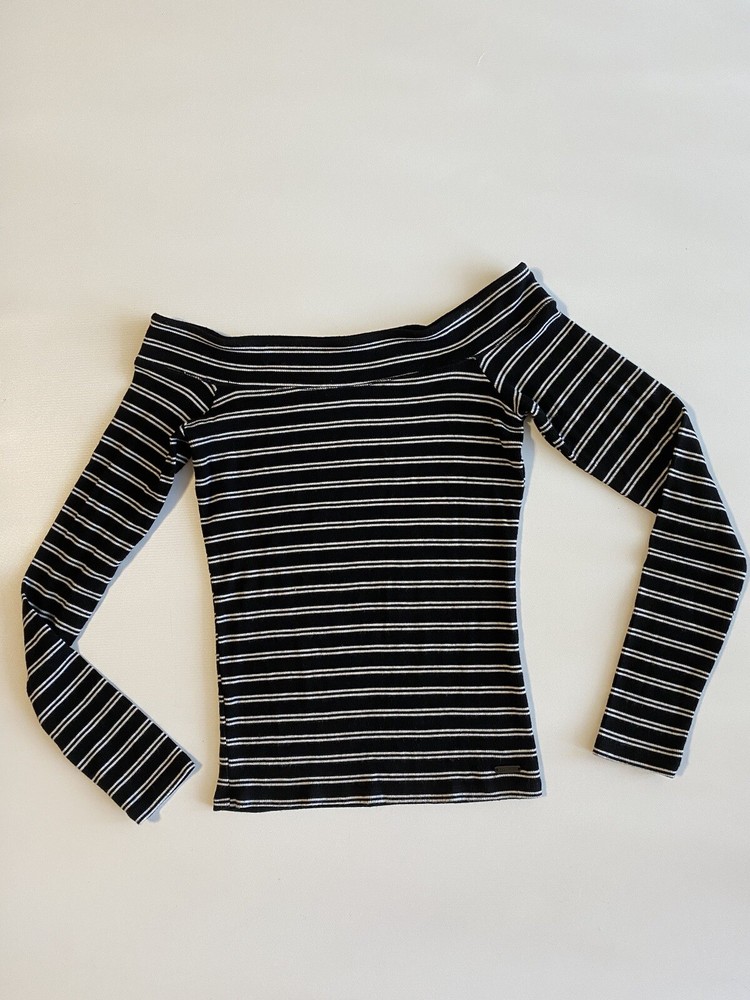 Hollister Must-Have Collection Women's Black White Stripes LS Slim Tee Sz L