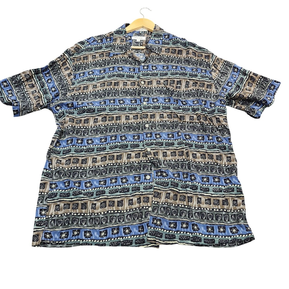 Vintage Pierre Cardin Shirt Mens XL Multicolor Geometric Short Sleeve Rayon