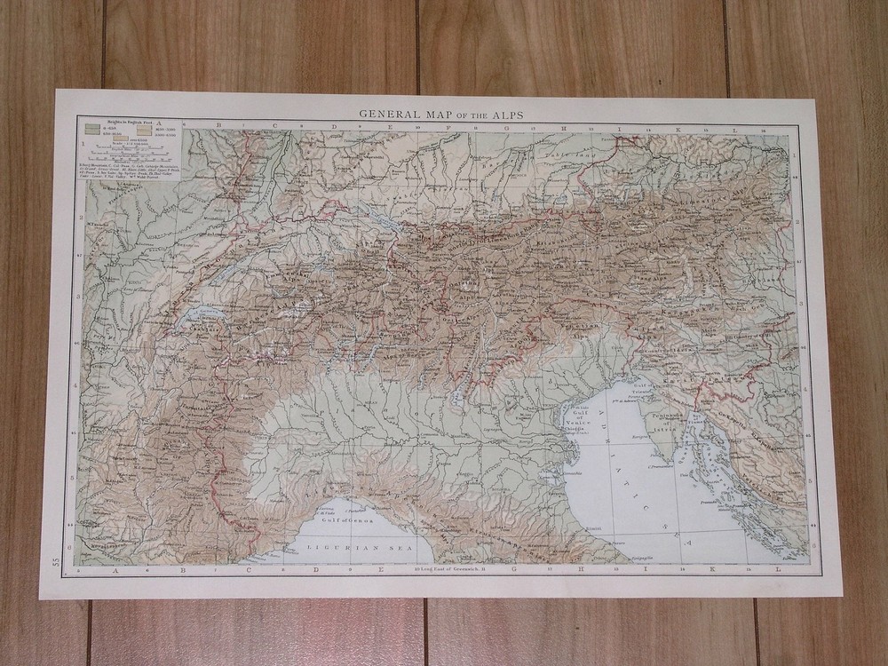 1896 Original Antique Physical Map Of Alps Italy Austria Istria Tyrol