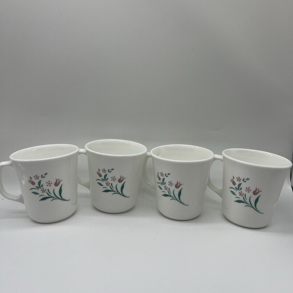 Vintage Corning Ware Corelle Rosemarie Pink Tulip Coffee Cups Mugs SET OF 4 USA