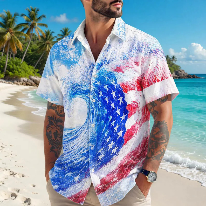 Mens USA Flag Wave Hawaiian Shirt Patriotic Design